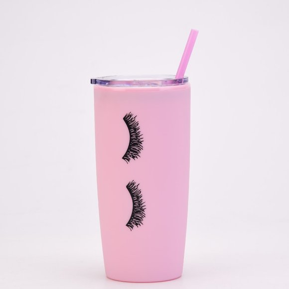 None Other - Pink Eyelashes Double Plastic Straw Cup